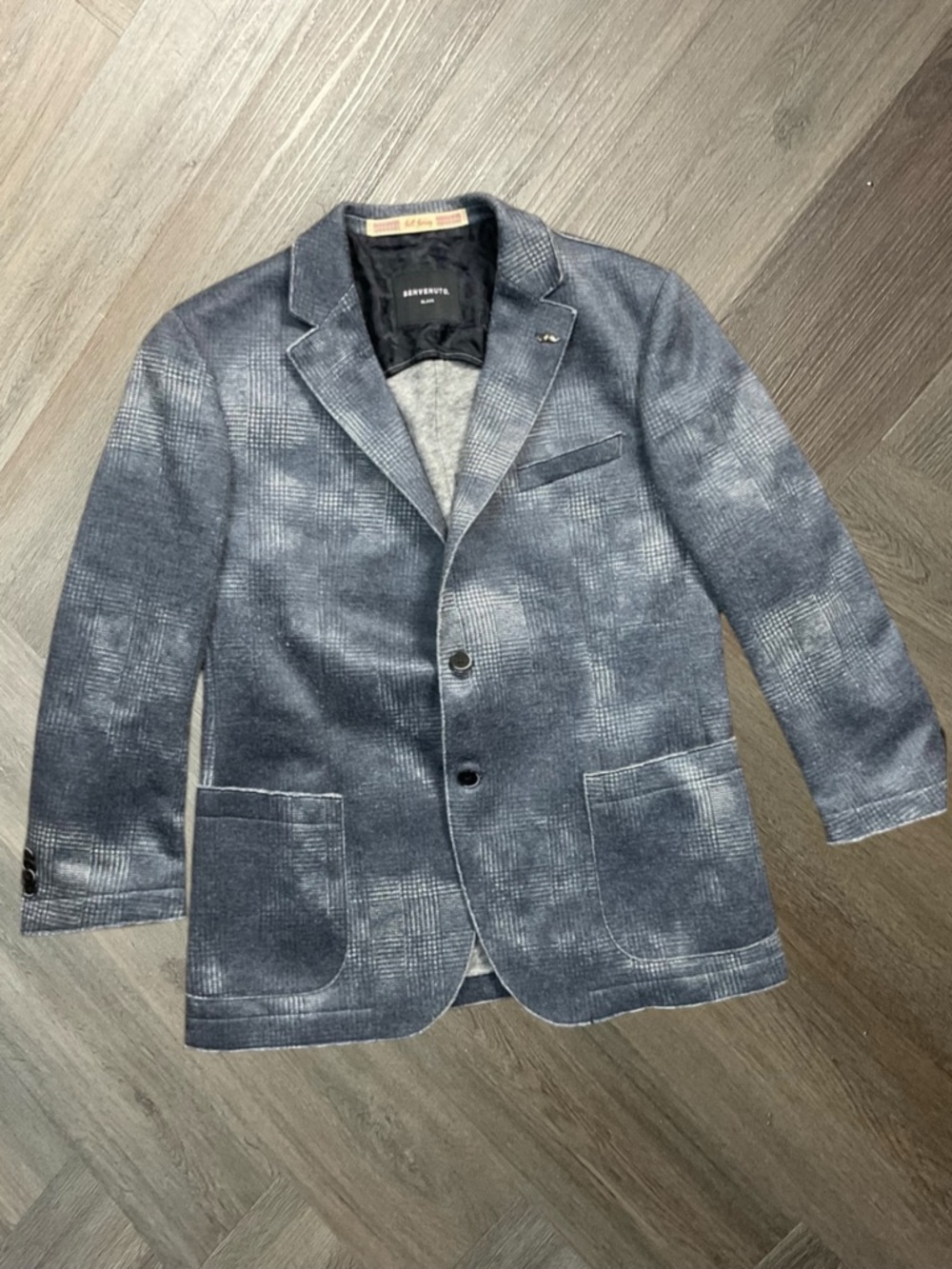 BENVENUTO BLACK Wool Blend Jersey Blazer Mens 40R Slim Medium Blue Grey Italy‎